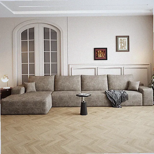 135" L-Shape Cloud Sectional Sofa Chaise, Camel Plush Corduroy Fabric