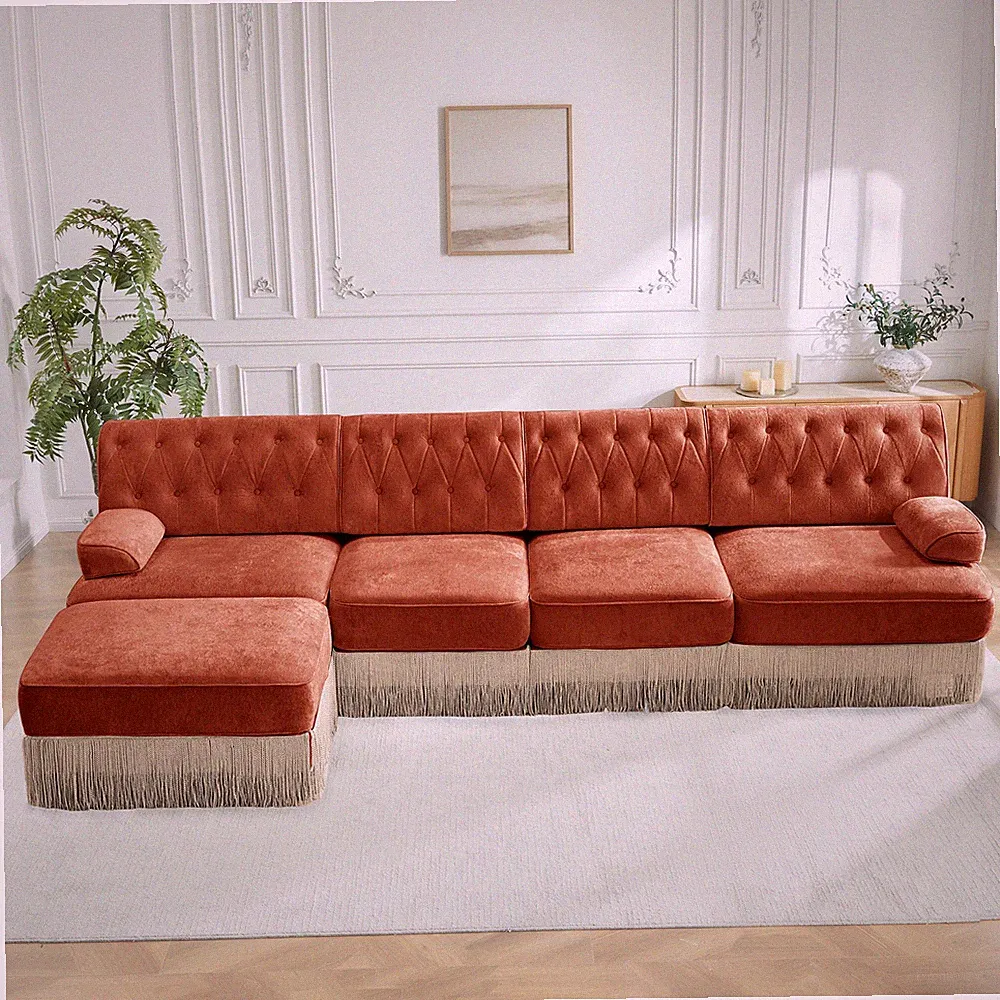 135" L Shaped Pet-friendly Velvet Fabric,Chesterfield Style Sofa,Tassel Skirt