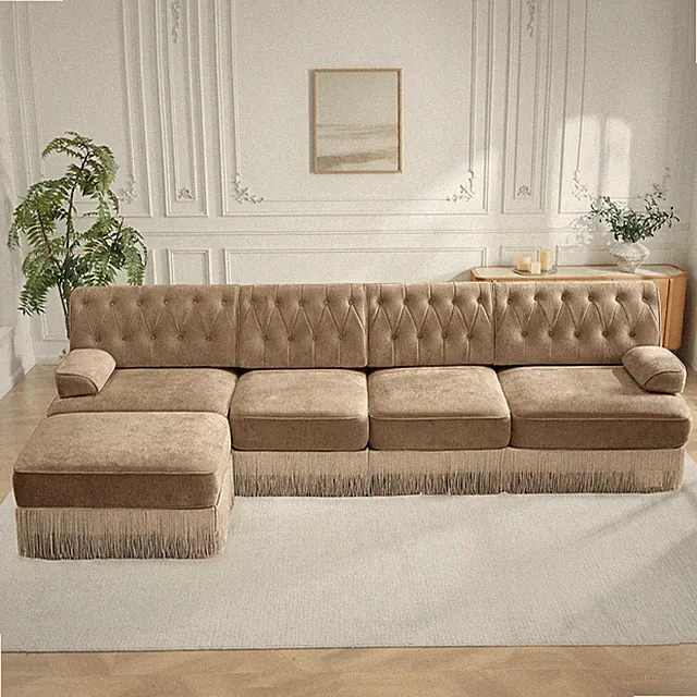 135" L Shaped Pet-friendly Velvet Fabric,Chesterfield Style Sofa,Tassel Skirt