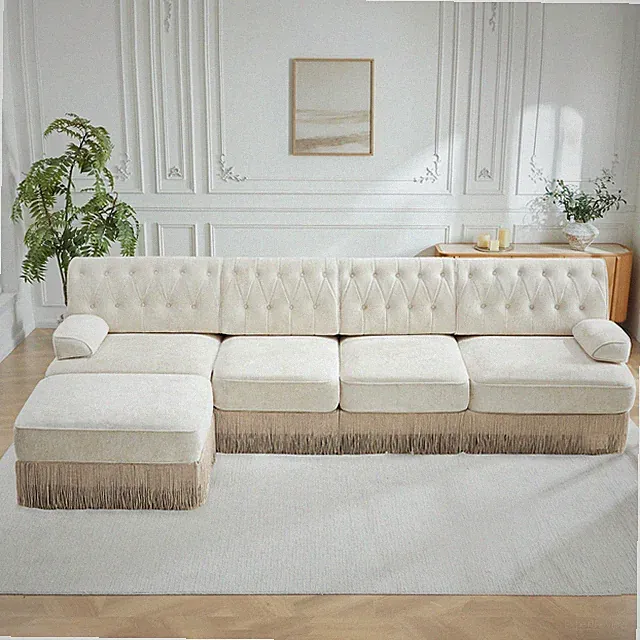 135" L Shaped Pet-friendly Velvet Fabric,Chesterfield Style Sofa,Tassel Skirt,Sl