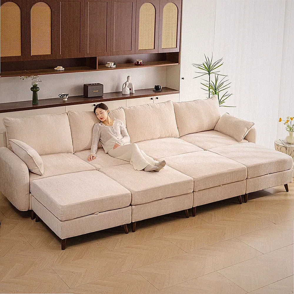 135'' Modular Sectional Sofa with Storage,Sofa Bed,Velet,Cream