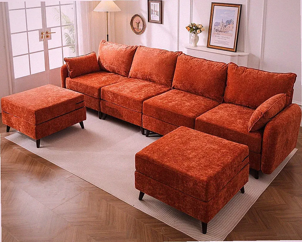 135'' Modular Sectional Sofa with Storage,U Shaped,Velet,Orange