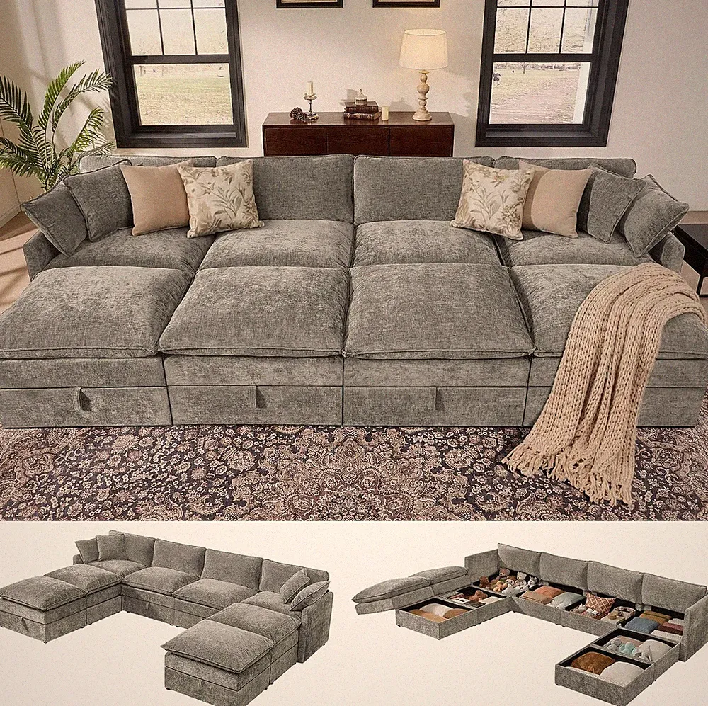 135” Oversized Sectional Sofa Bed with Storage, 8-Seater Modular Cloud Couch wit