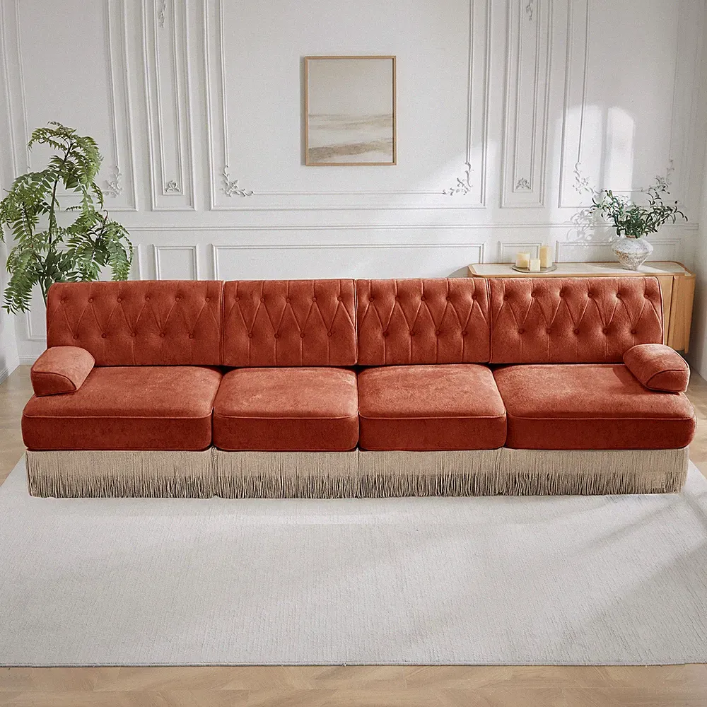 135" Soft Velvet Fabric,Button Tufted Design Chesterfield Style Sofa,Tassel Sk