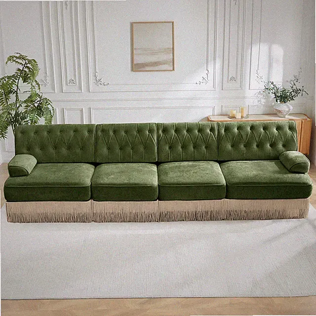 135" Soft Velvet Fabric,Button Tufted Design Chesterfield Style Sofa,Tassel Ski