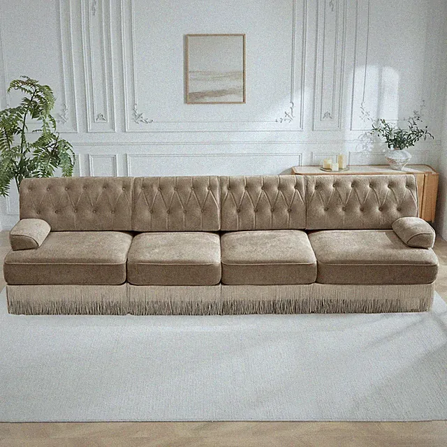 135"Soft Velvet Fabric,Button Tufted Design Chesterfield Style Sofa,Tassel Skir