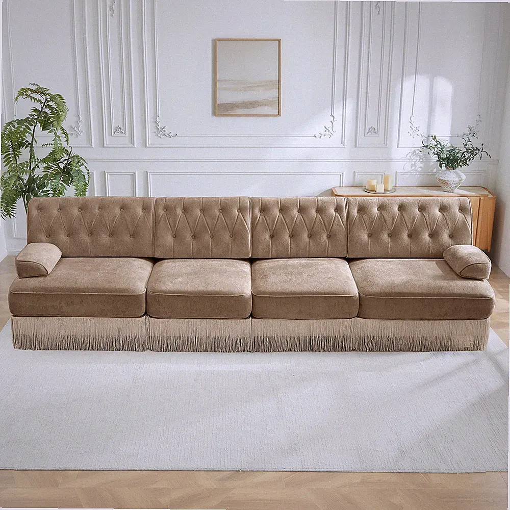 135"Soft Velvet Fabric,Button Tufted Design Chesterfield Style Sofa,Tassel Skir