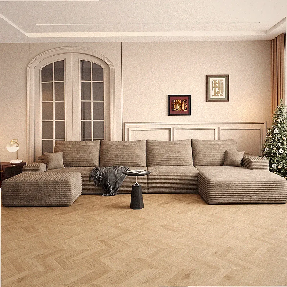 135" U-Shaped Cloud Sectional Sofa with Ottoman, Modern Corduroy, Camel