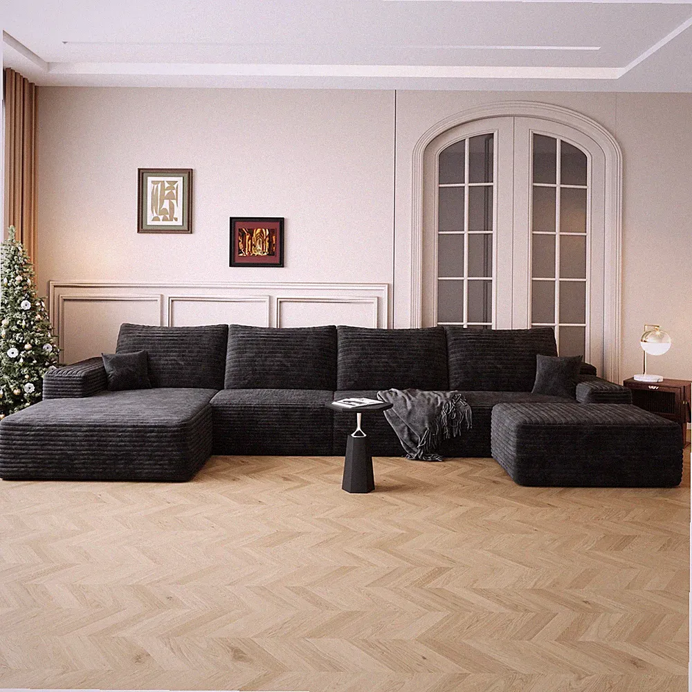 135" U-Shaped Cloud Sectional Sofa with Ottoman, Plush Corduroy, Black
