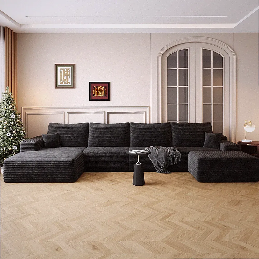 135" U-Shaped Cloud Sectional Sofa with Ottoman, Plush Corduroy, Black