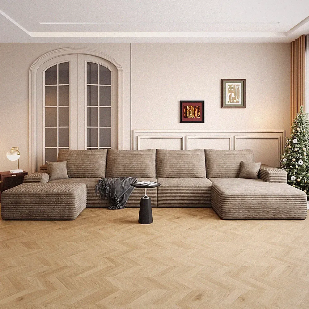 135" U-Shaped Cloud Sectional Sofa with Ottoman, Plush Corduroy, Camel
