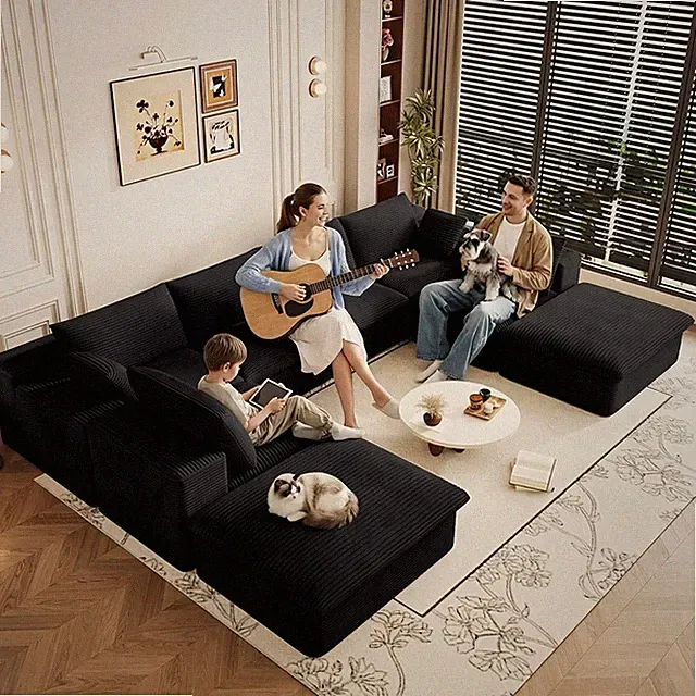 136" Cloud Couch Modular Sectional Sofa with 2 Ottoman, U-Shape Boneless Couches