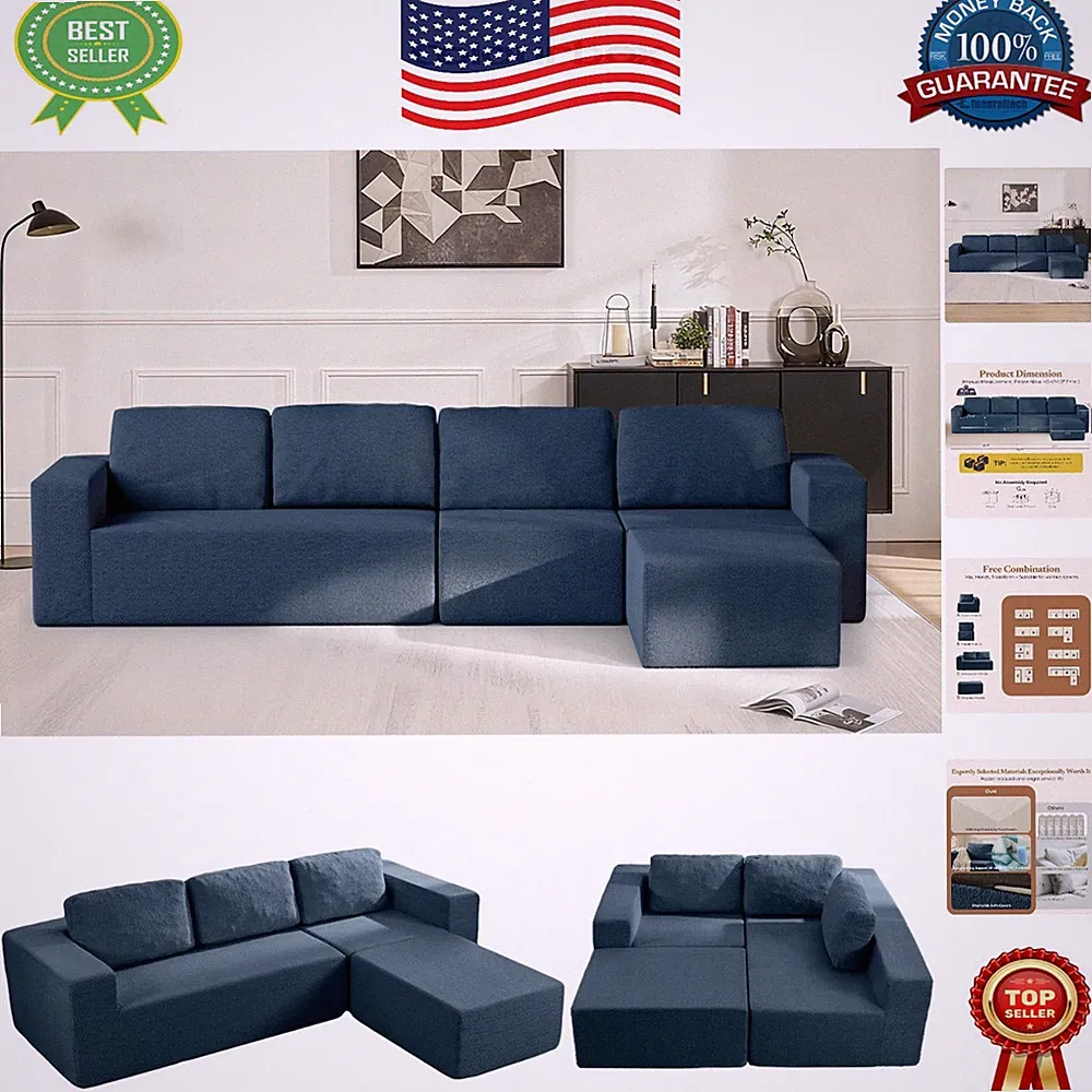 136" Modular Sectional Couch - Left/Right Facing Convertible Blue Teddy Boucle