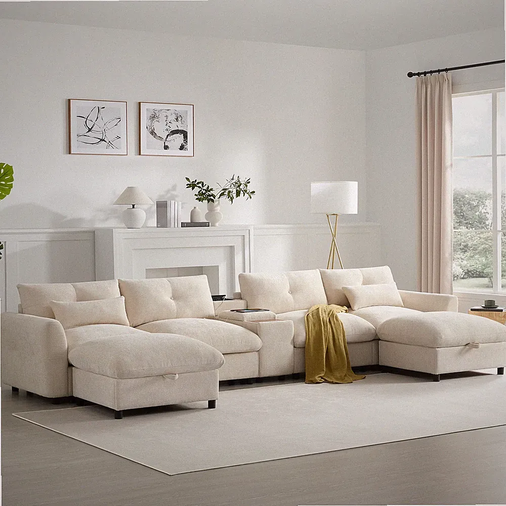 136'' Modular Sectional Sofa with Console, Cup Holder, USB Charger, Movable Stor