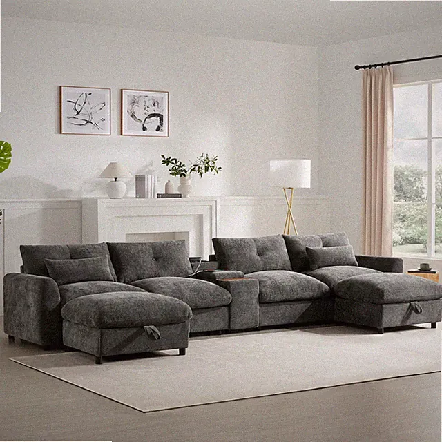 136'' Modular Sectional Sofa with Console,Cup Holder,USB Charger,Movable Storage