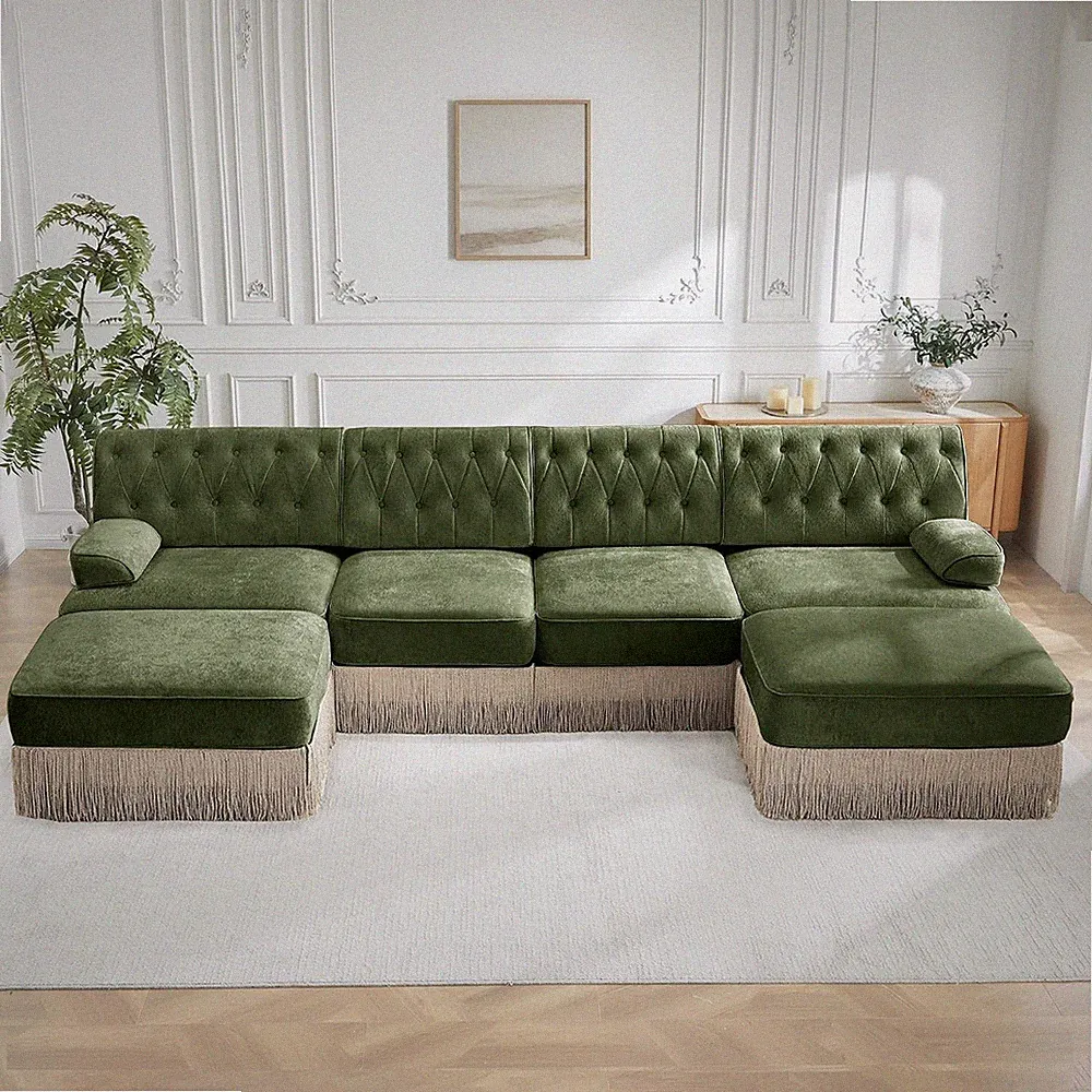 136" U-Shaped Velvet Chesterfield Style Modular Sectional Sofa, Oversized Button