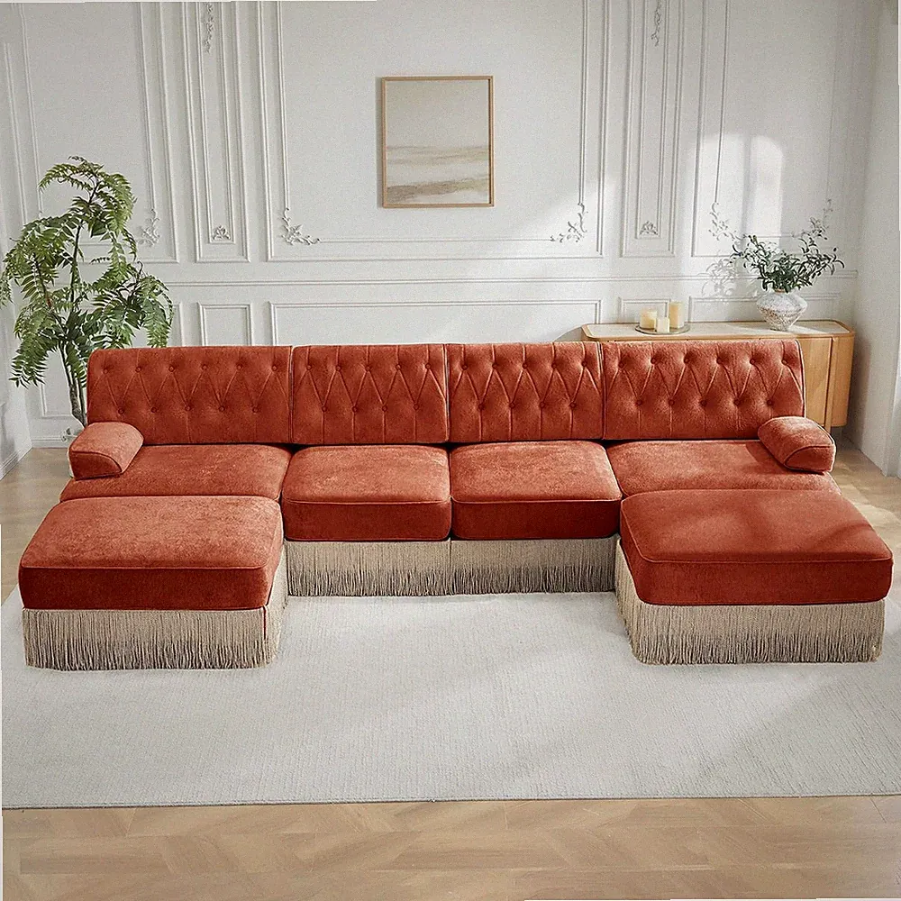 136" U-Shaped Velvet Chesterfield Style Modular Sectional Sofa, Oversized Button