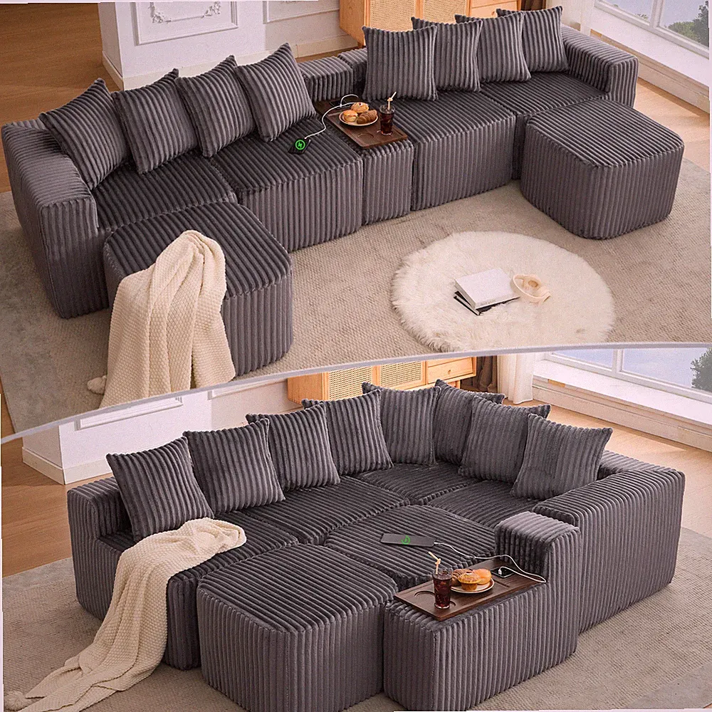 137.5" U Shaped Sofa ,USB & Wireless Charge,Coffee Table Board w/a Cup Holde