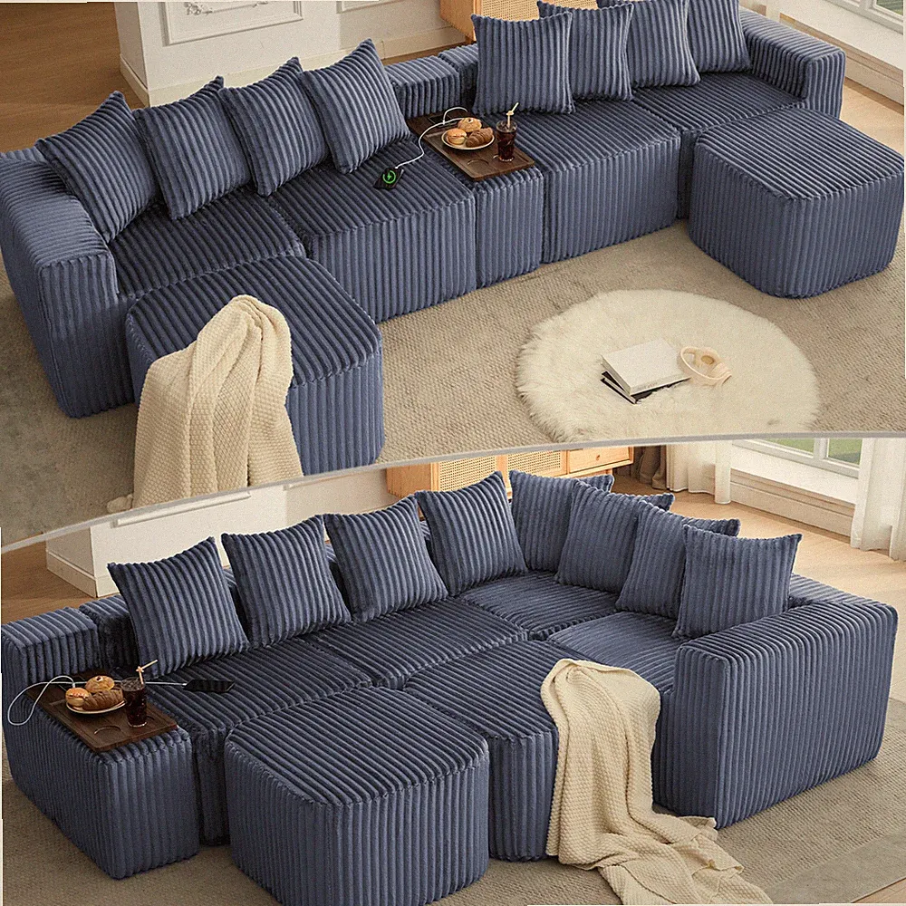 137.5" U Shaped Sofa ,USB & Wireless Charge,Coffee Table Board w/a Cup Holder
