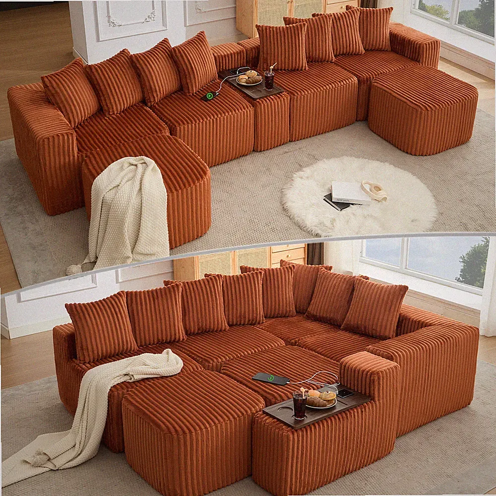 137.5" U Shaped Sofa ,USB & Wireless Charge,Coffee Table Board w/a Cup Holder,O