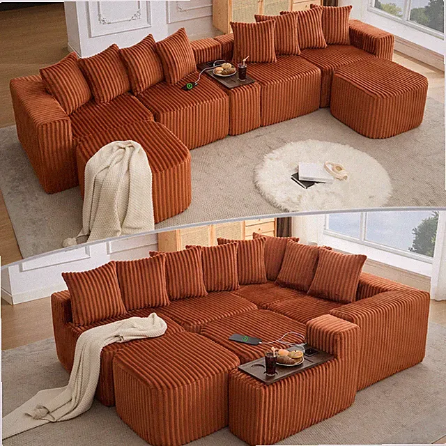 137.5" U Shaped Sofa , USB & Wireless Charge, Coffee Table Board With a Cup