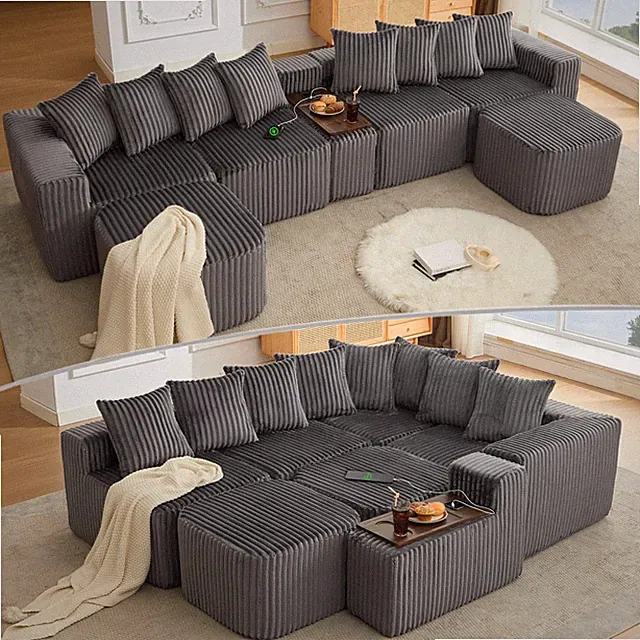 137.5" U Shaped Sofa ,USB & Wireless Charge,Coffee Table Board With a Cup Hold