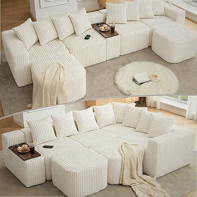 137.5" U Shaped Sofa ,USB & Wireless Charge,Coffee Table Board With a Cup Holde