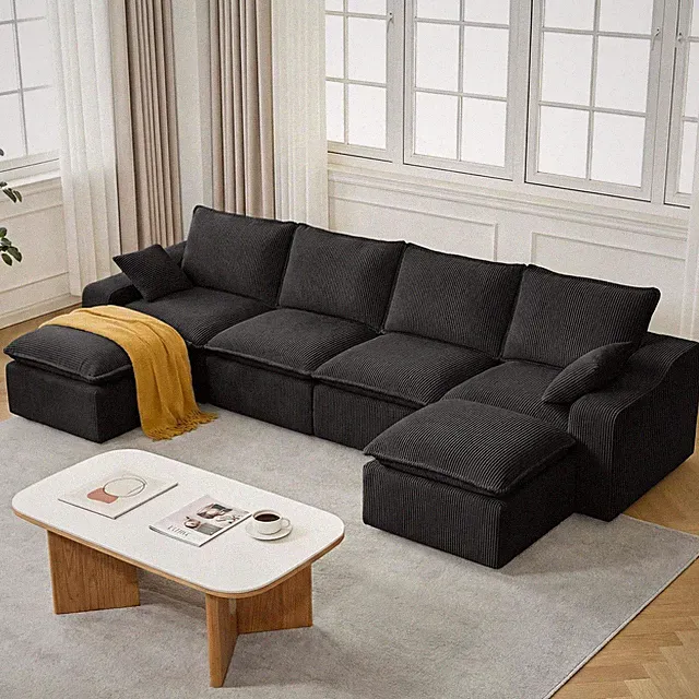 137'' Boneless Couch Corduroy Sectional Couches for Living Room, Cloud Sectional