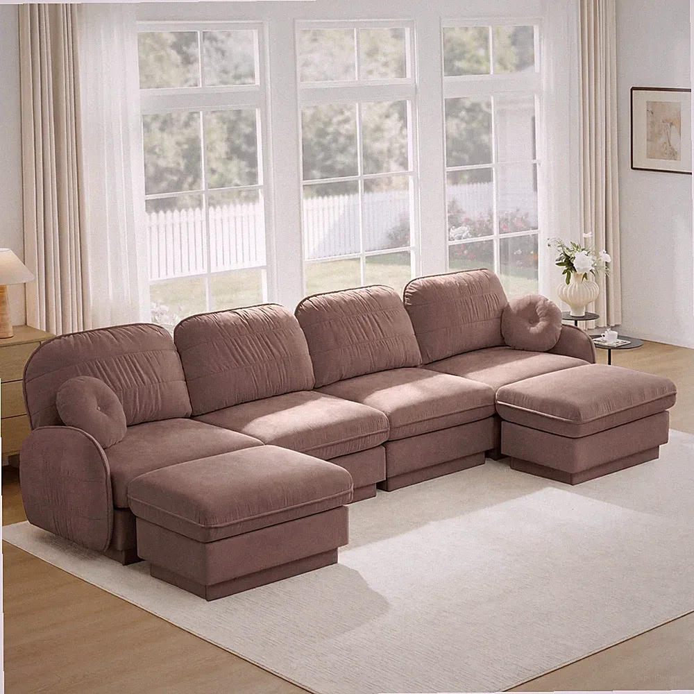 137-Inch U-Shaped Modular Chenille Sofa with Storage Ottoman Rose Dust
