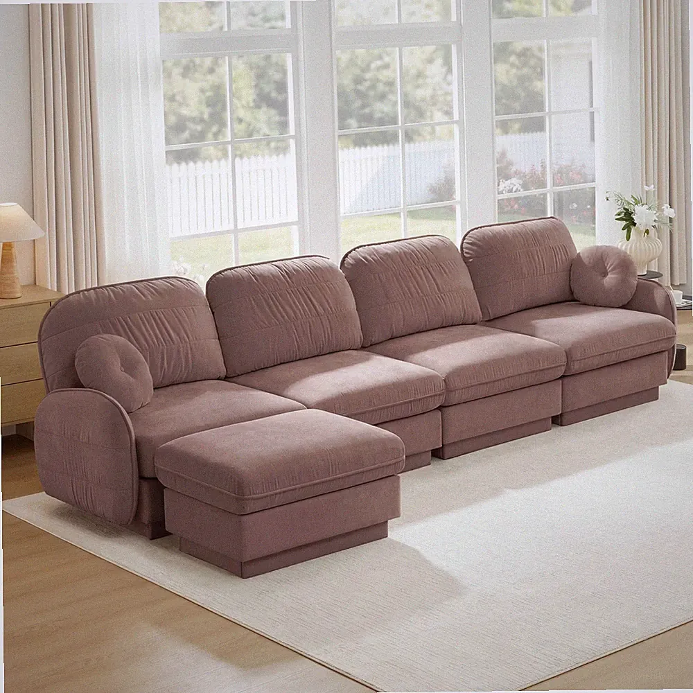 137" Oversize Chenille L-Shaped Sofa Couch with Movable Ottoman, Recessed Legs