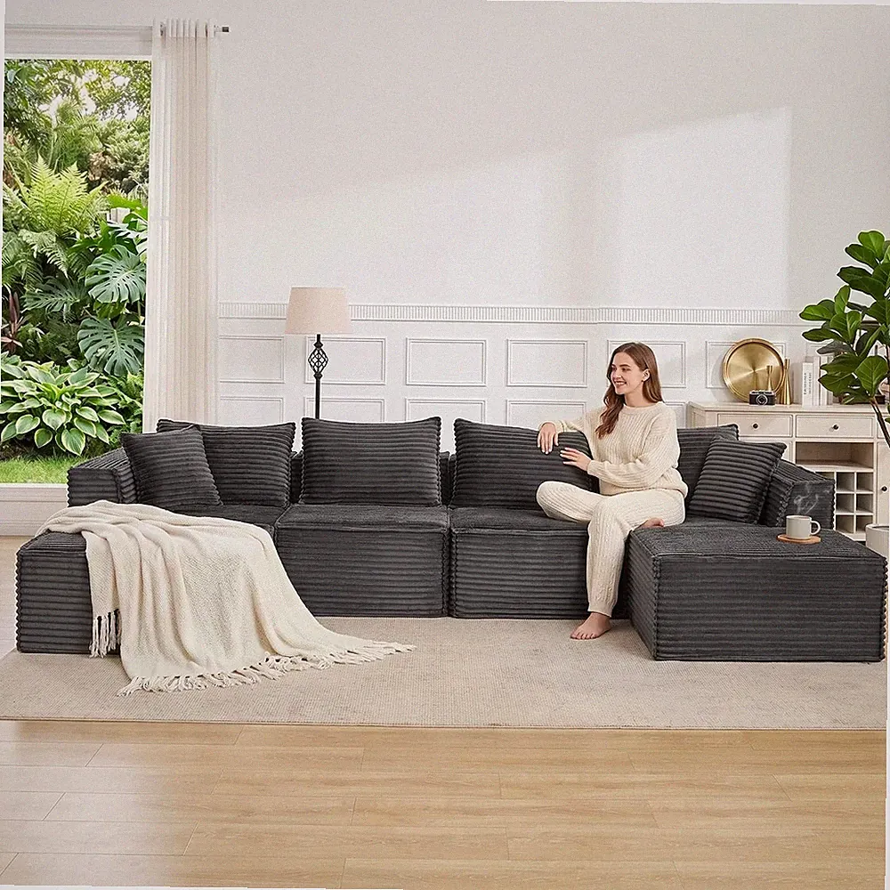 137" Oversized Cloud Boneless Sofa Couch with Chaise, Modern Corduroy U Shaped M