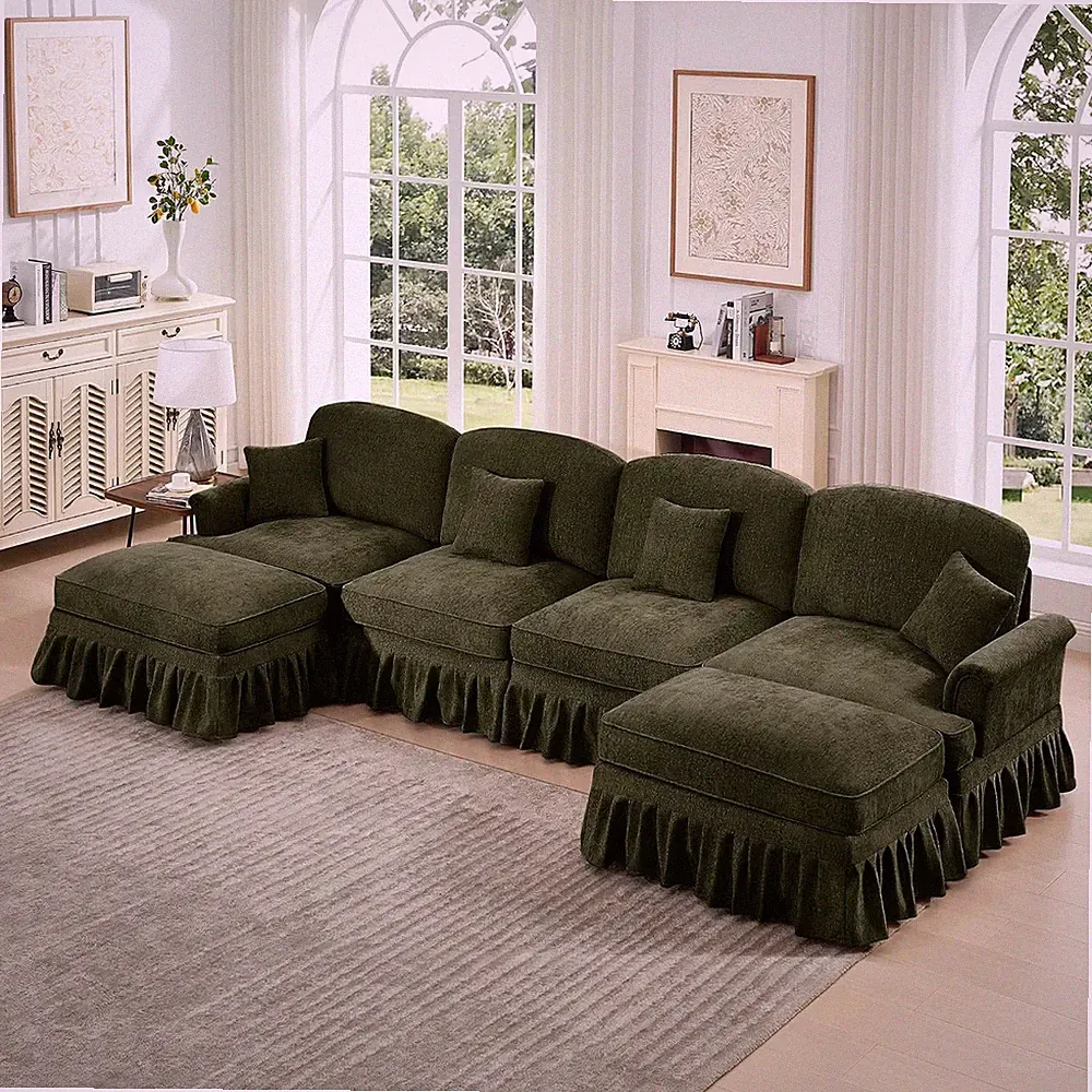 137" U Shaped Modular Sectional Sofa with Detachable Ruffled Skirt