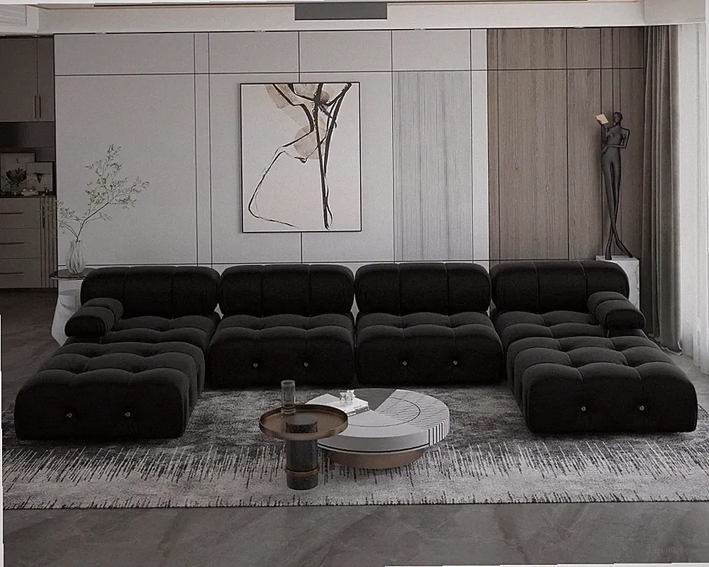 138" Modular Sectional Couch, U-Shaped Minimalist Velvet Sofas with Chaise Ottom