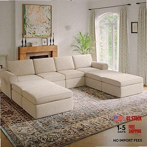138" Modular Sectional Sofa, Modular Sectional 4 Seater + 4 Ottoman Beige