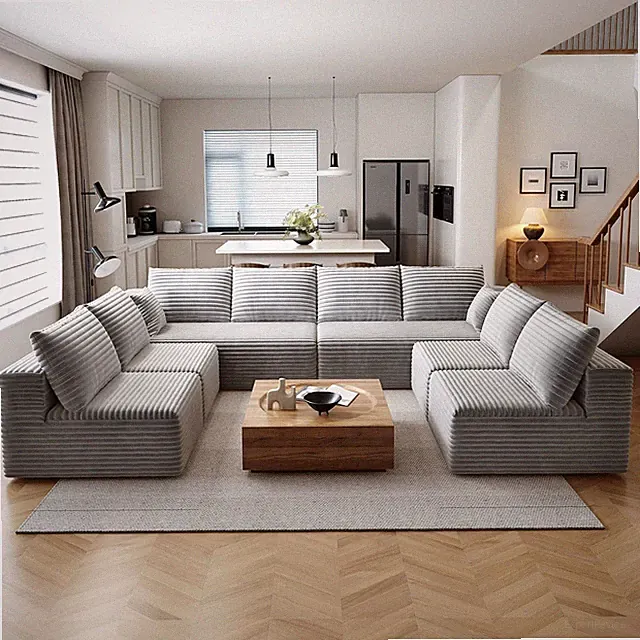 139.4" Cloud Sectional Sofa for Living Room Plush Corduroy Cover Fluffy Memory F