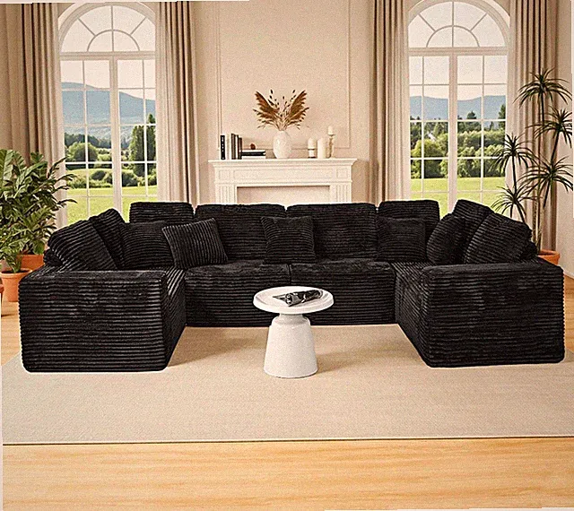 139” Black Modular U-Shaped Sectional Sofa Corduroy Deep Seat Living Room