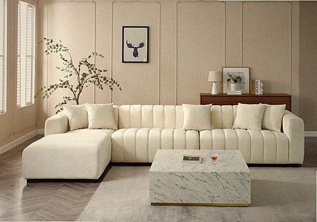 139'' Channel Tufted Sofa Velvet Upholstered Left Chaise Modular Sofa beige