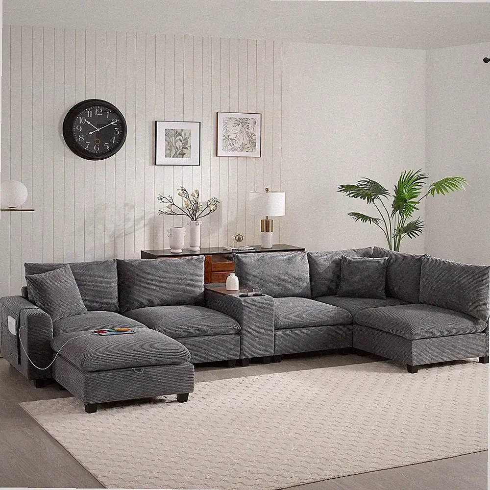139'' U-shaped Modular Sectional Sofa with Console, L-Shaped Corduroy Couch