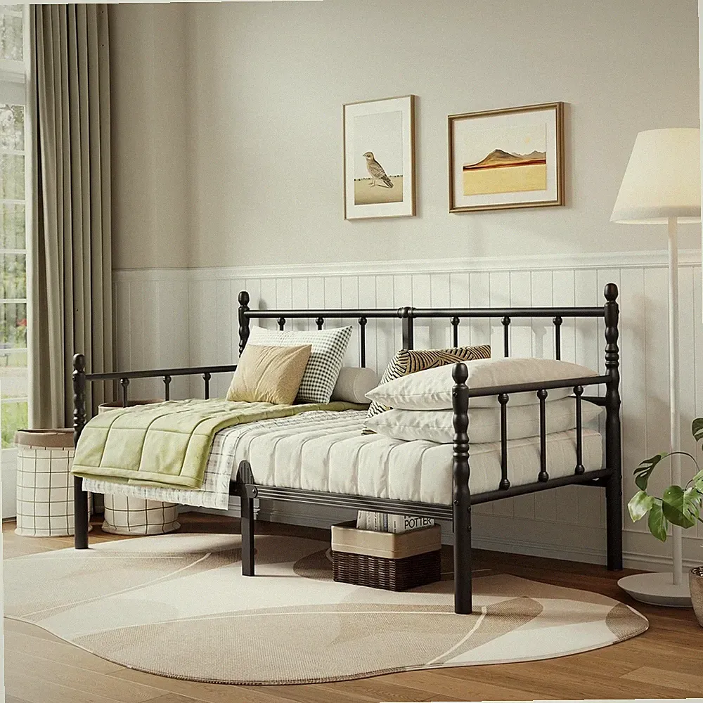 14 Inch Vintage Twin Daybed, Metal Sofa Bed with Storage, Black | Heavy Duty Day