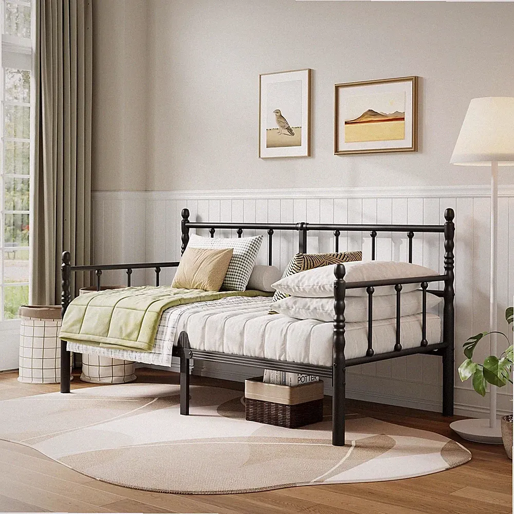 14 Inch Vintage Twin Daybed, Metal Sofa Bed with Storage, Black | Heavy Duty Day