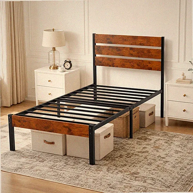14" Modern Rustic Platform Bed Brown Storage Memory Foam Industrial for Bedroom
