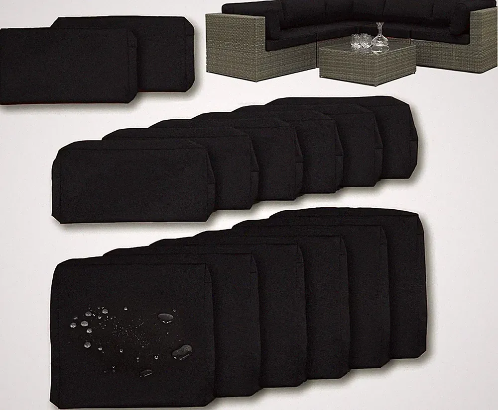 14 Pack Fade-Resistant Outdoor Cushion Covers for 6-Seater Rattan Sofa Black