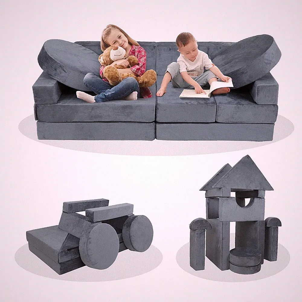 14-Piece Kids Modular Play Couch, Sectional Sofa with Foam Cushions, Gray