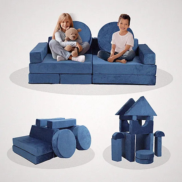 14-Piece Kids Modular Play Couch Sofa, DIY Foam Cushion Furniture - Blue