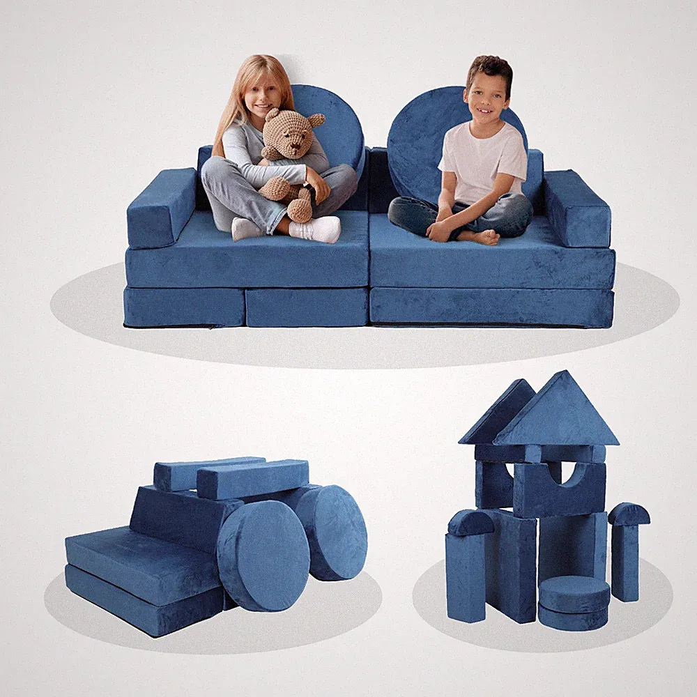 14-Piece Modular Play Couch for Kids, DIY Foam Sectional Sofa, Blue