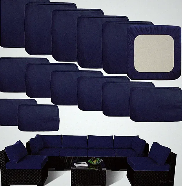 14-Piece Outdoor Cushion Cover Set for 6-Seater Wicker Rattan Sofa, Blue
