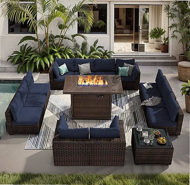 14 Piece Patio Furniture Set with Fire Pit Table All Weather PE Rattan Outdoor S