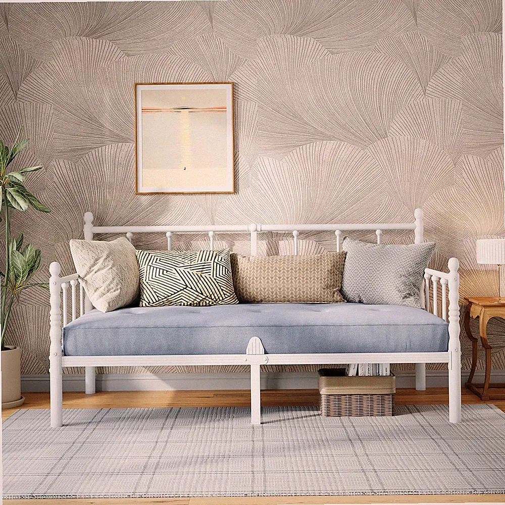 14" Vintage White Twin Daybed Frame - Heavy Duty Metal Sofa Bed for Small Spaces