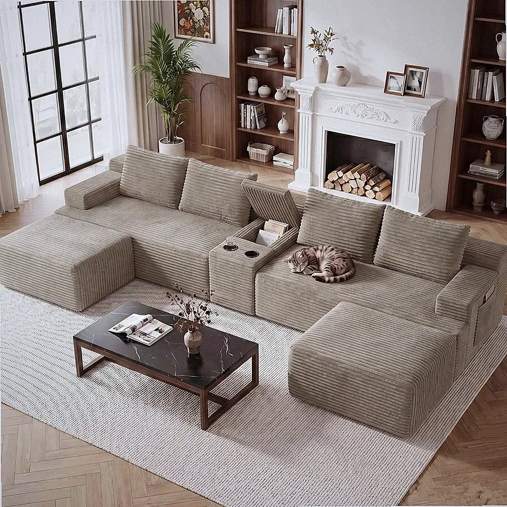140.6" Boneless Sectional Sofas for Living Room with Cup Holder