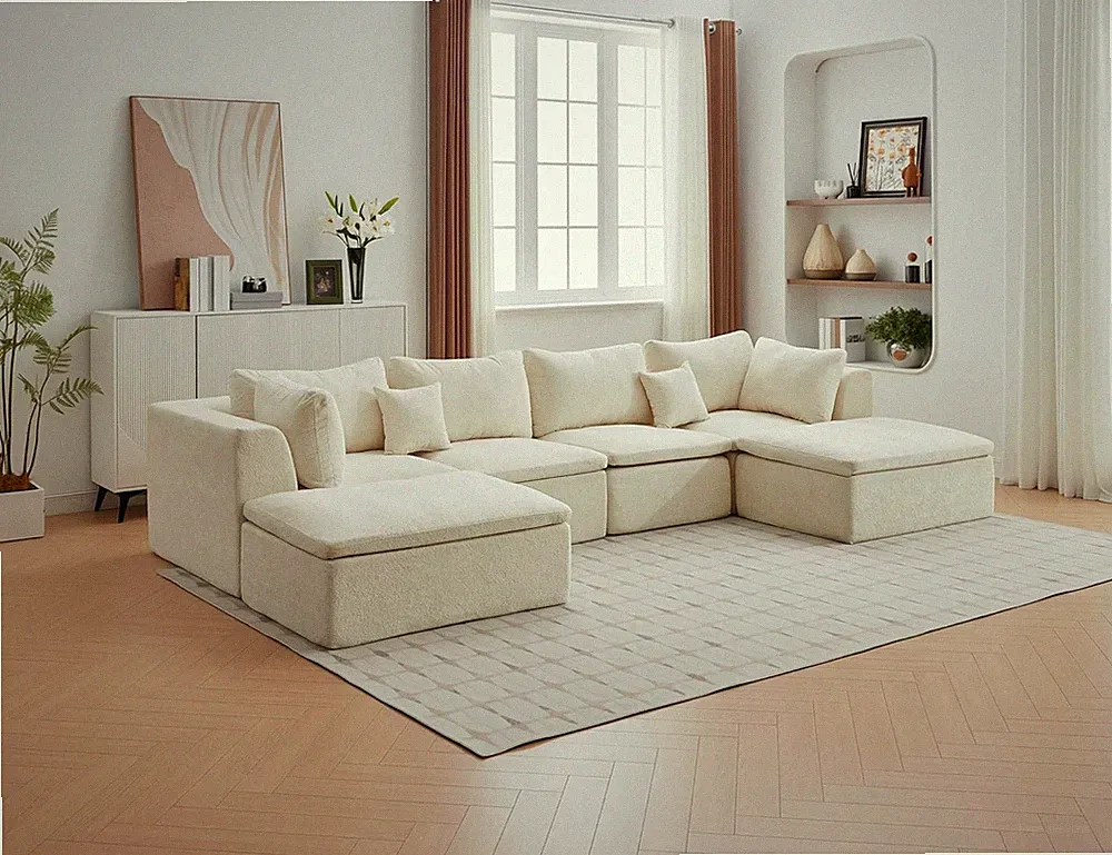 140" Cloud Couch Sectional Sofa with Ottoman & Memory Foam Pillows